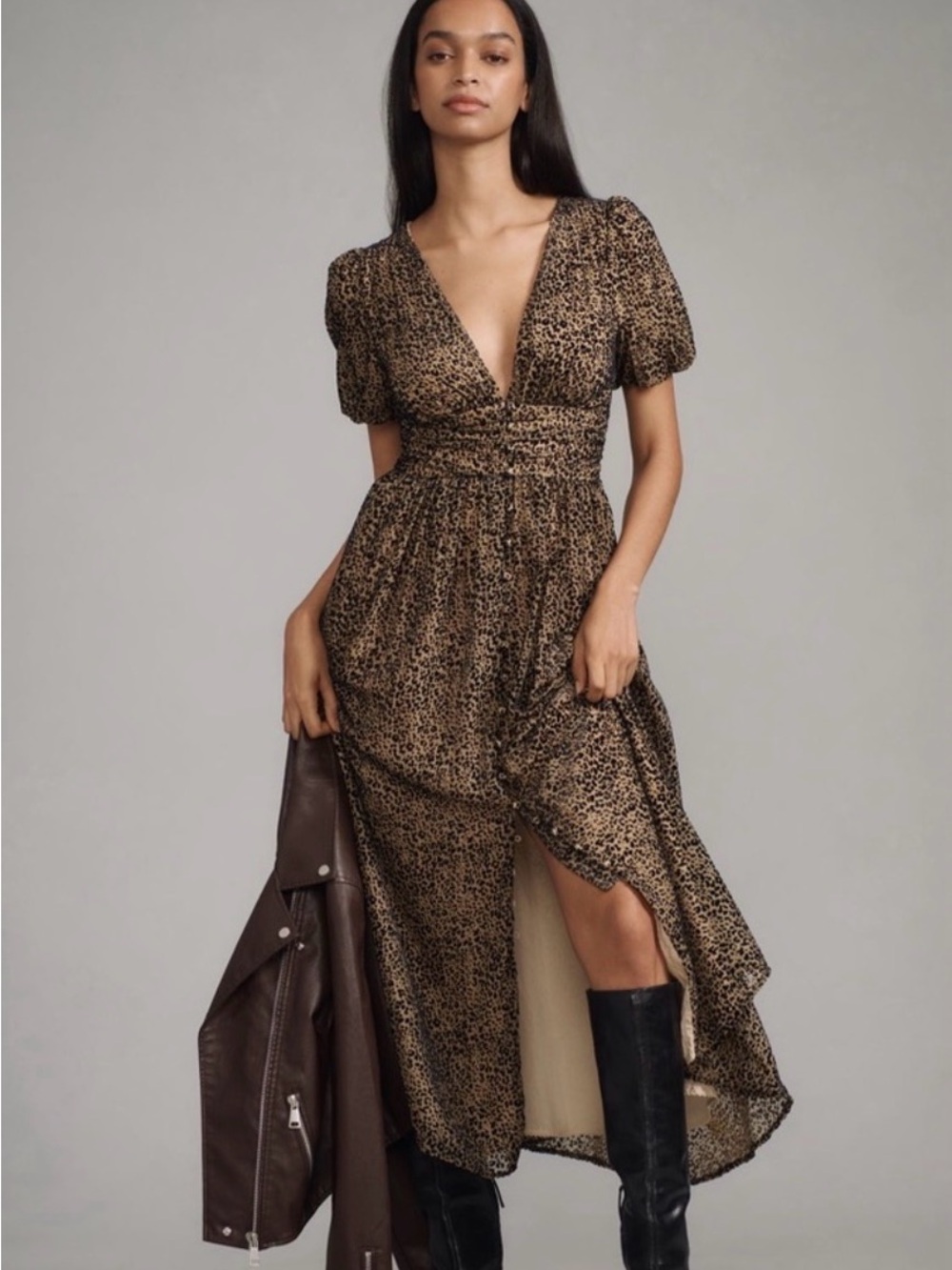 Anthropologie Brown Leopard-Print Maxi Dress